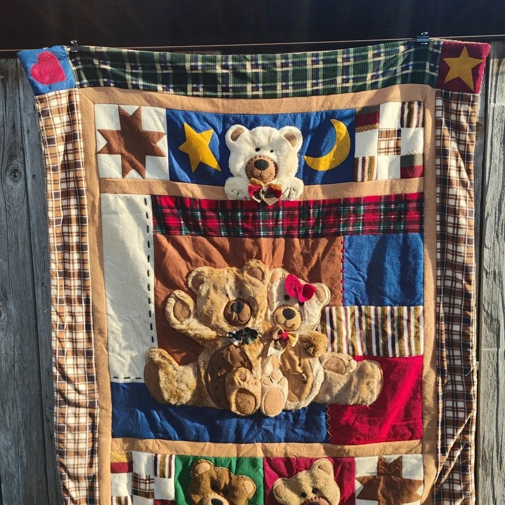 Bear Creations HTF Design3D Plush Quilted Patchwork Teddy Bears Throw Size 49x60